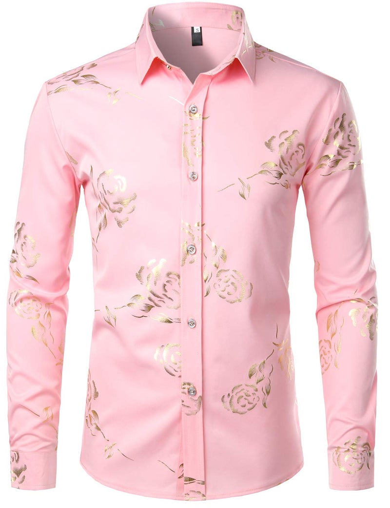 ZEROYAA Mens Hipster Gold Rose Printed Slim Fit Long Sleeve Dress Shirts/Prom Performing Shirts Z56 Pink Large - Image 1